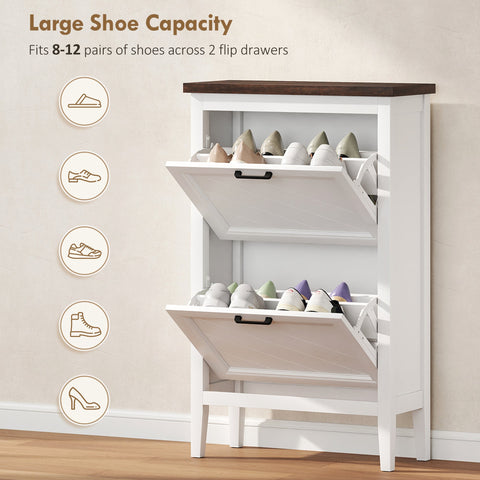 White wooden HOMCOM shoe storage cabinet with two flip drawers, adjustable shelves, and dark wood top for farmhouse style