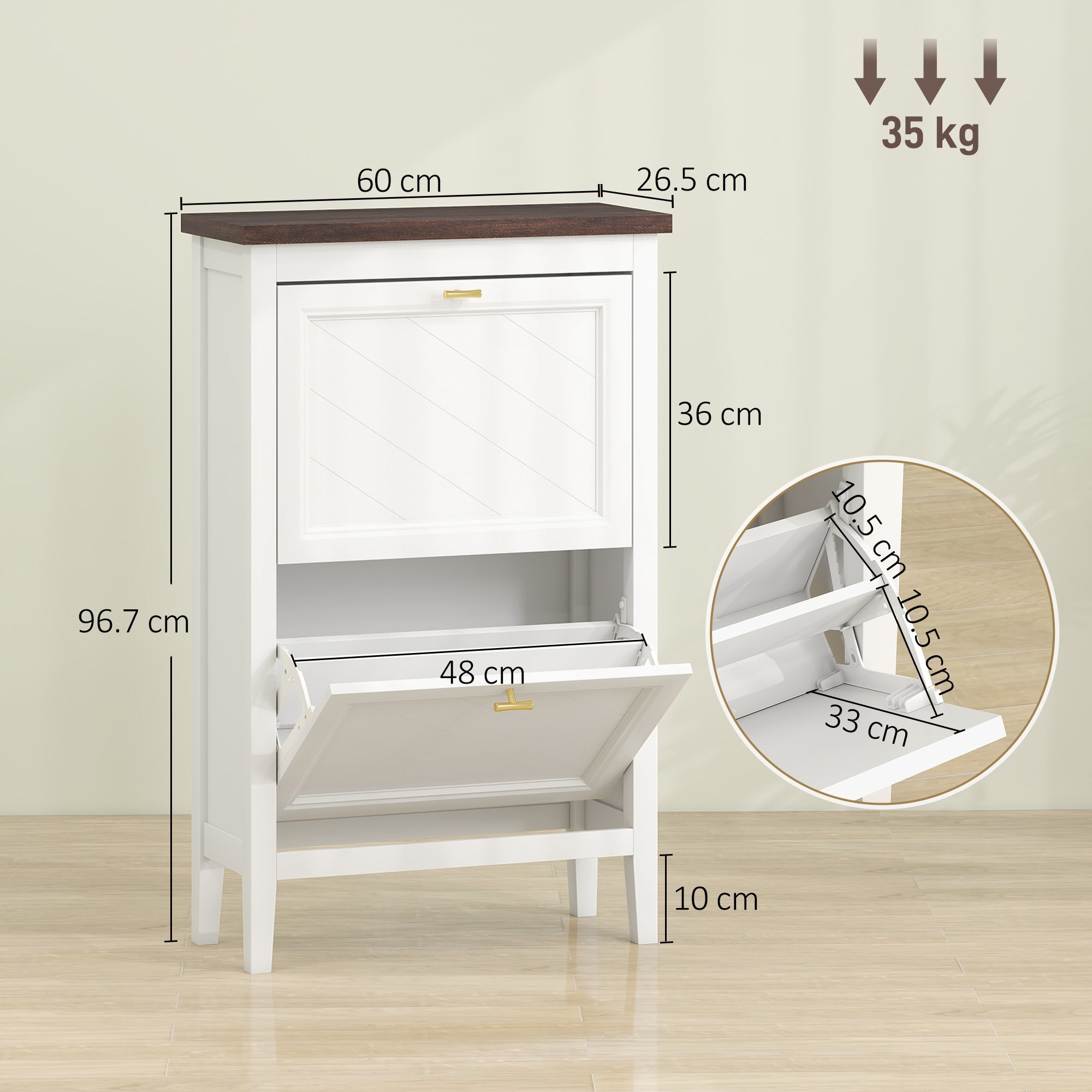 White wooden HOMCOM shoe cabinet with dark brown top, gold handles, 2 flip drawers, and adjustable shelves for storage