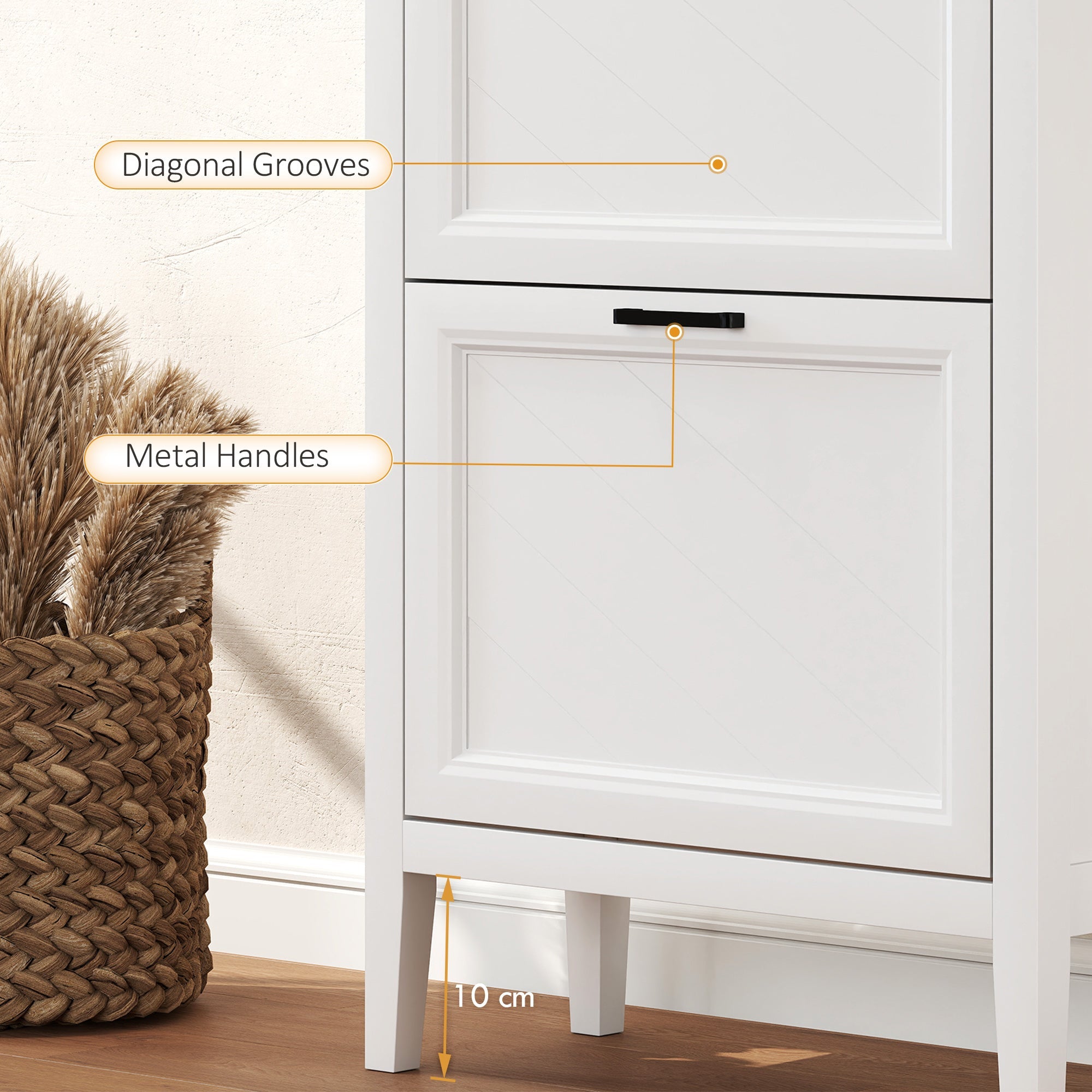 White HOMCOM shoe cabinet with 2 flip drawers, black metal handles, diagonal grooves, and adjustable shelves for shoe storage