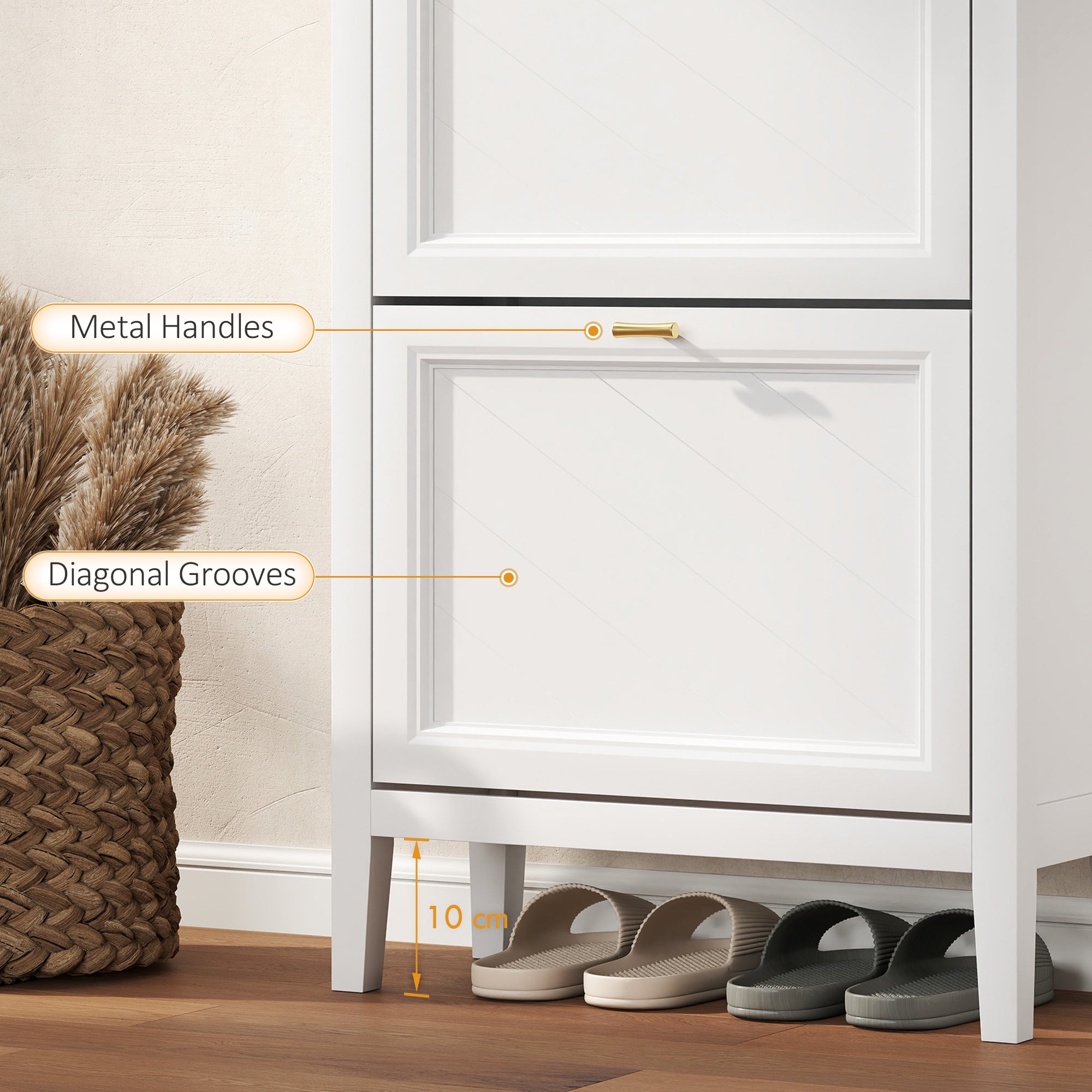 White HOMCOM shoe cabinet with 2 flip drawers, gold handles, diagonal grooves, and adjustable shelves for shoe storage