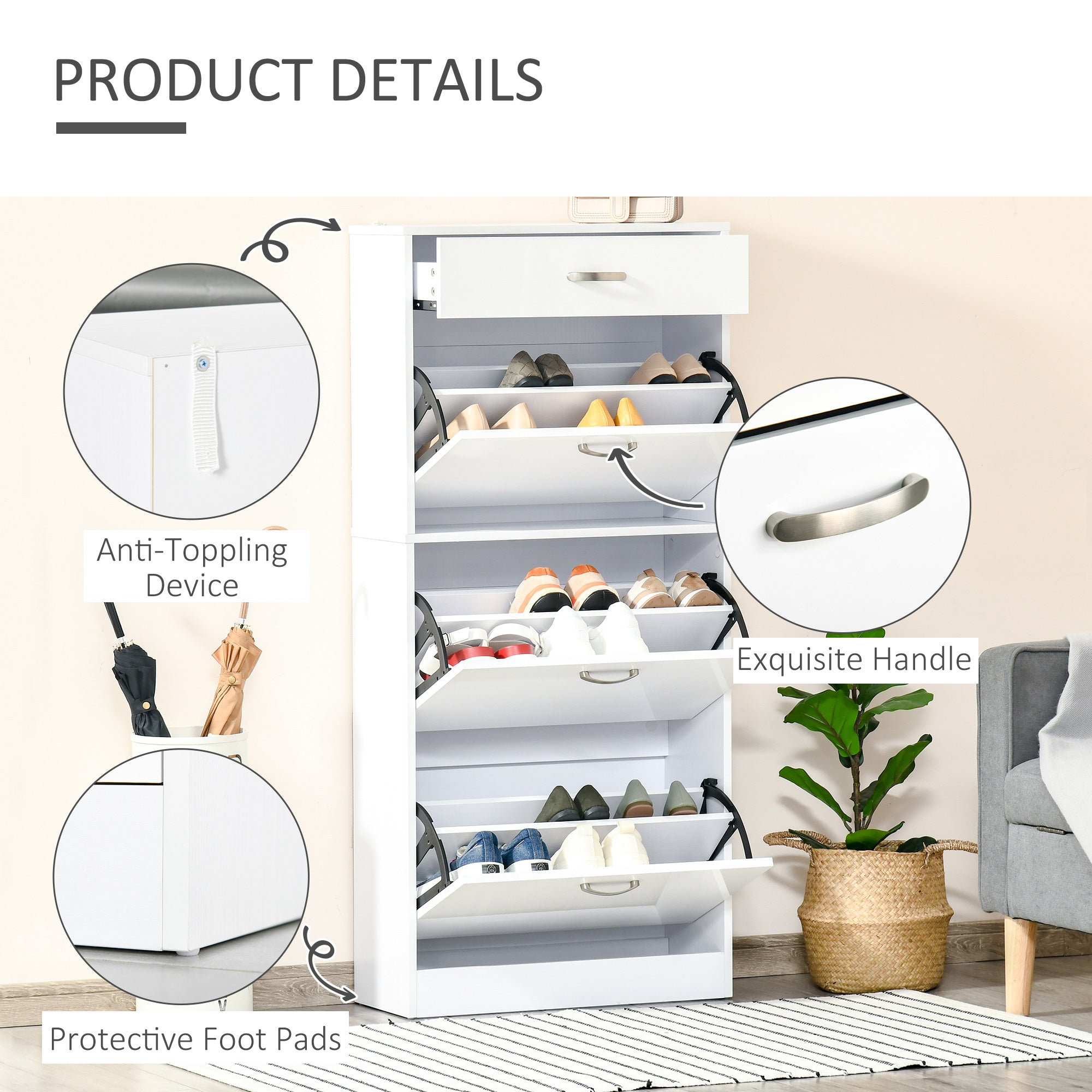 White high gloss shoe cabinet with 3 flip drawers, sleek handles, and anti-toppling feet for 18 pairs storage
