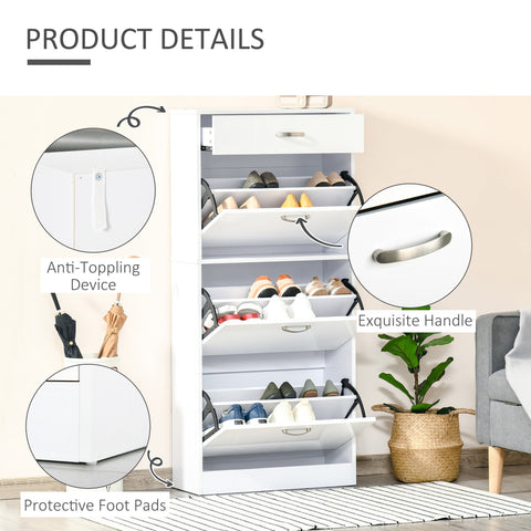 White high gloss shoe cabinet with 3 flip drawers, sleek handles, and anti-toppling feet for 18 pairs storage