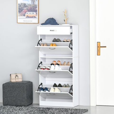 White high gloss shoe cabinet with 3 flip drawers sliding doors top drawer and adjustable shelves for 18 pairs