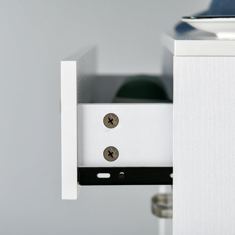 White high gloss shoe cabinet drawer front with silver screws and black metal slide mechanism for flip drawers storage
