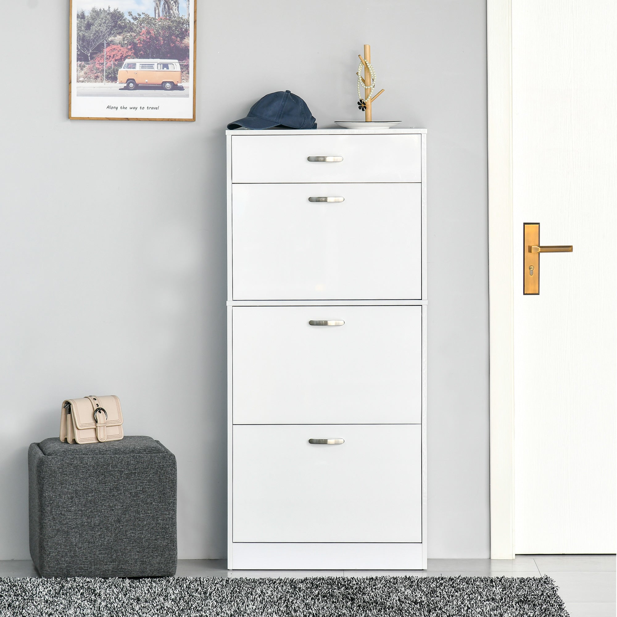 White homcom high gloss shoe cabinet with four flip drawers silver handles and adjustable shelves for 18 pairs