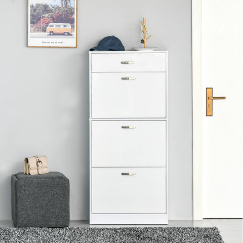 White homcom high gloss shoe cabinet with four flip drawers silver handles and adjustable shelves for 18 pairs