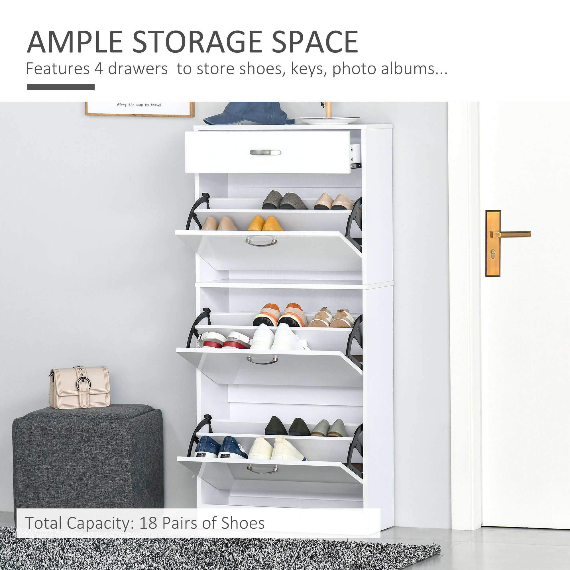 White high gloss shoe storage unit with 3 flip drawers and adjustable shelves for organized footwear display