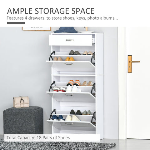 White high gloss shoe storage unit with 3 flip drawers and adjustable shelves for organized footwear display