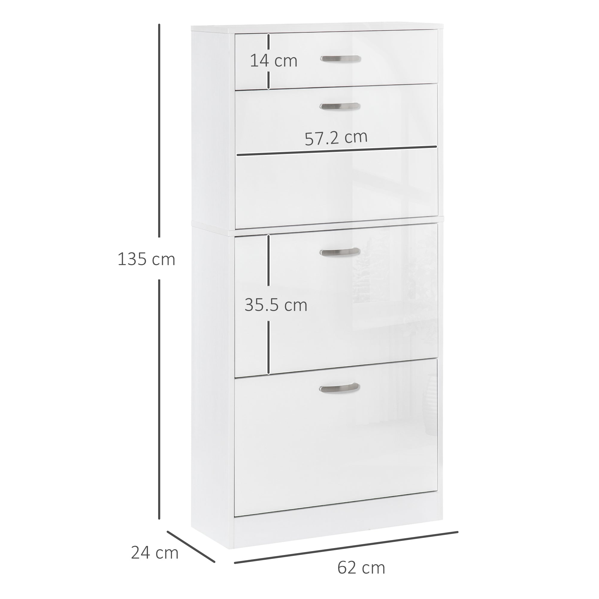 White high gloss shoe cabinet with five flip drawers and silver handles for stylish gloss shoe storage