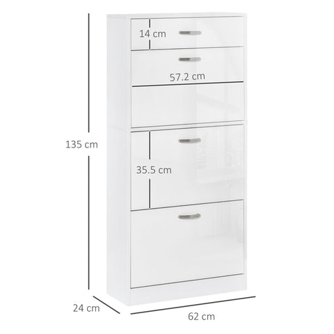 White high gloss shoe cabinet with five flip drawers and silver handles for stylish gloss shoe storage