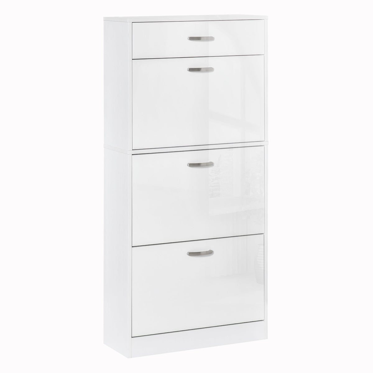 White glossy shoe cabinet with four silver handle drawers perfect for high gloss shoe storage and flip drawers organization