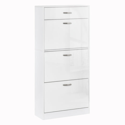 White glossy shoe cabinet with four silver handle drawers perfect for high gloss shoe storage and flip drawers organization