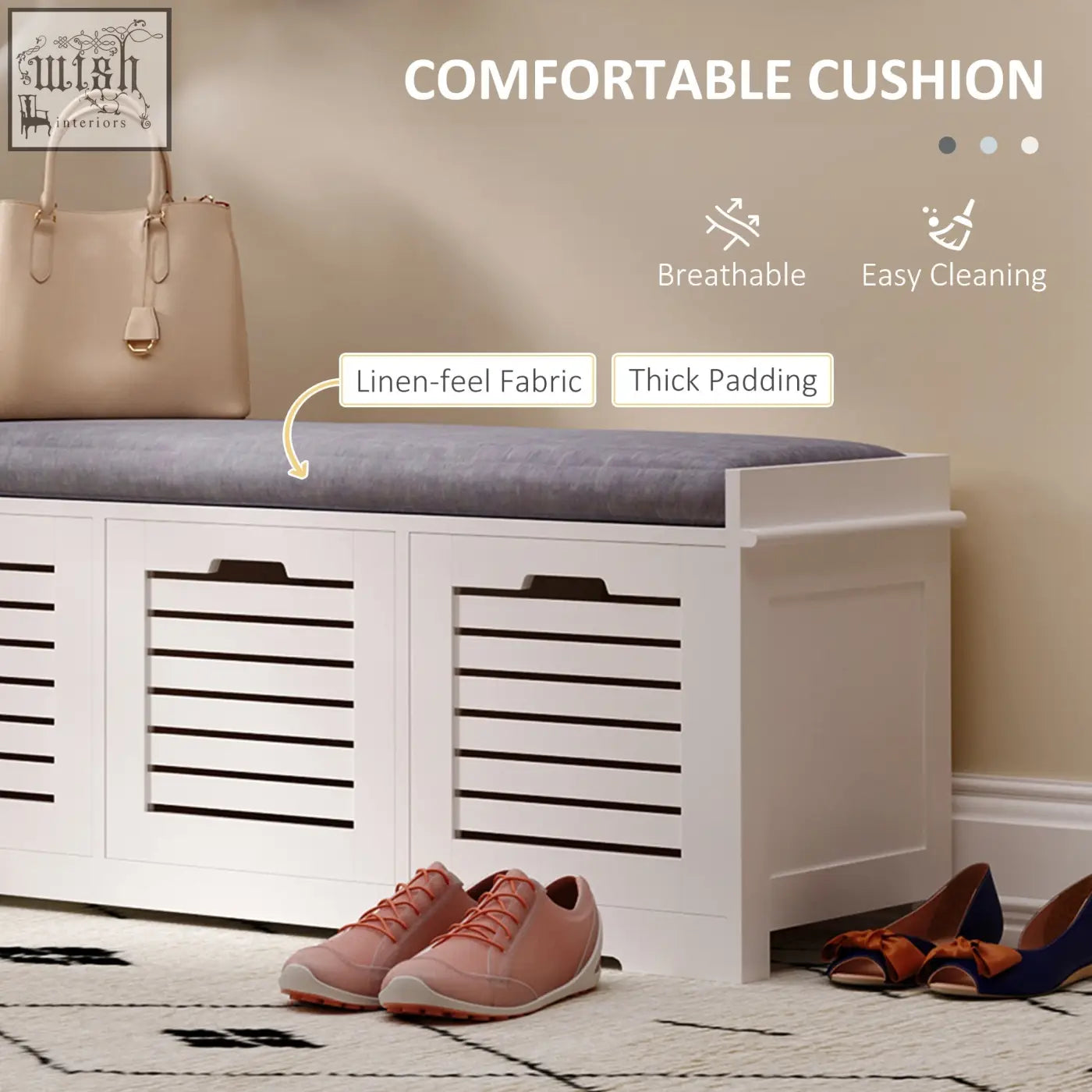 White wooden homcom shoe storage bench with slatted doors and thick padded grey linen-feel removable cushion