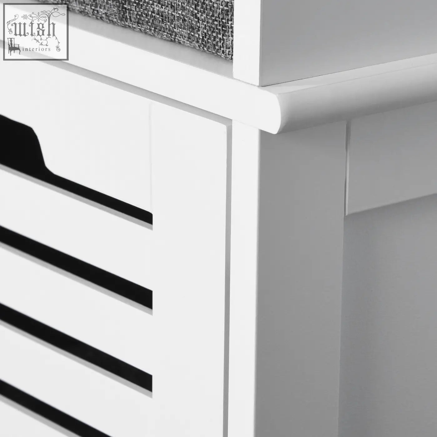 White wooden homcom shoe storage bench with black slatted doors and gray fabric removable seat cushion for hallway organization