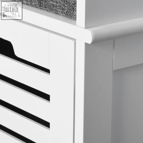 White wooden homcom shoe storage bench with black slatted doors and gray fabric removable seat cushion for hallway organization