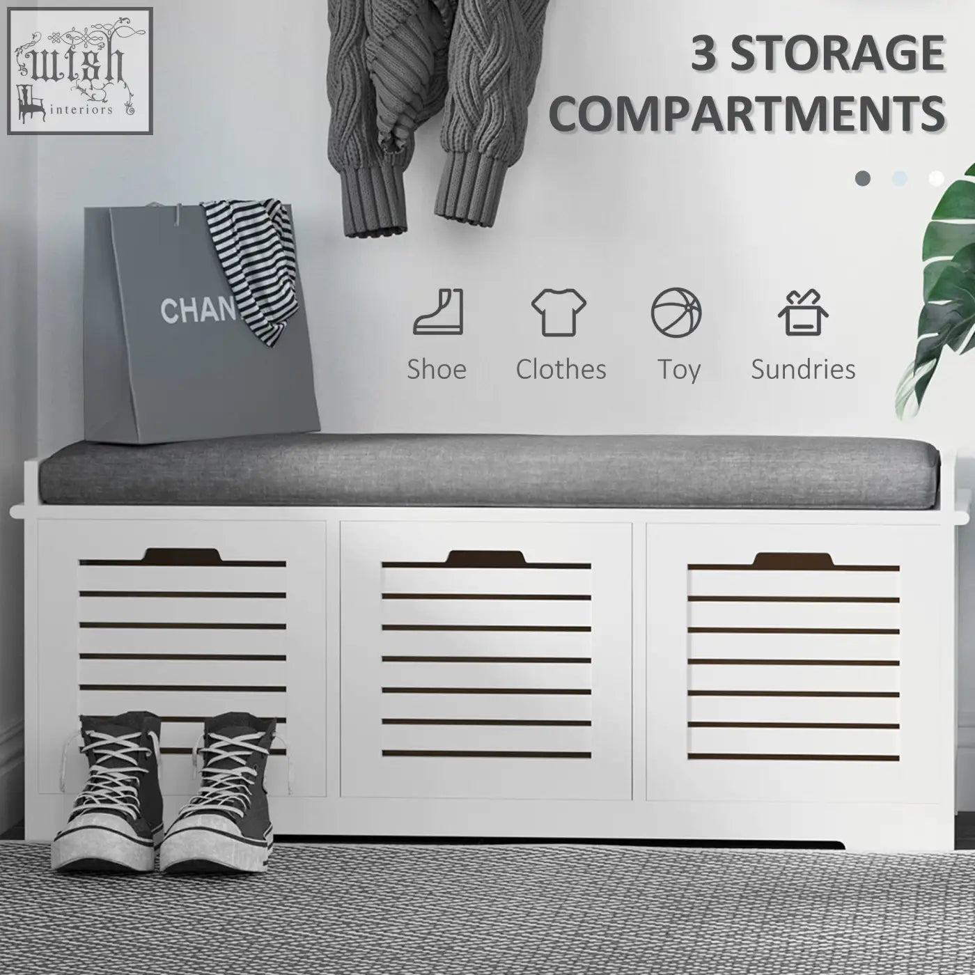 White homcom shoe storage bench with three slatted doors, dark brown handles, and removable grey seat cushion