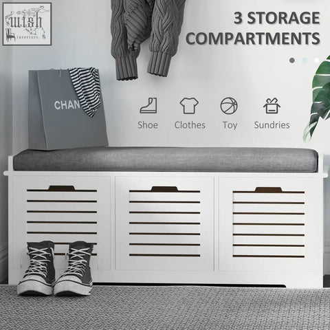 White homcom shoe storage bench with three slatted doors, dark brown handles, and removable grey seat cushion