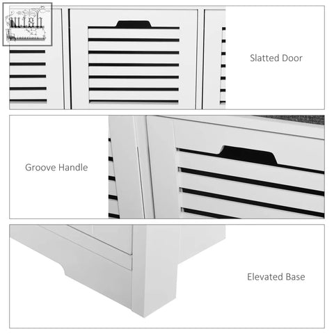 White wooden homcom shoe storage bench with black slatted doors and removable grey seat cushion for hallway organization