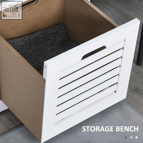 White homcom shoe storage bench with slatted doors gray fabric cushion and 3 drawers for hallway organization