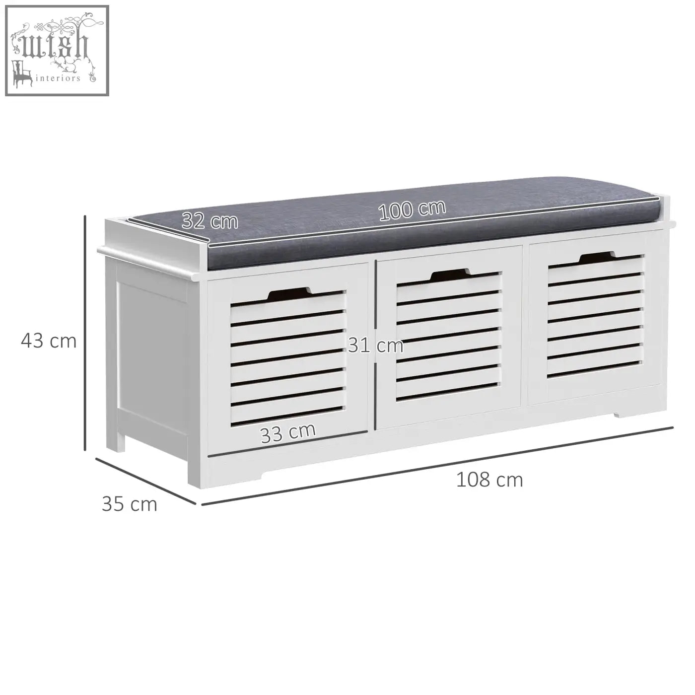 White wooden homcom shoe storage bench with 3 slatted drawers and dark gray cushioned seat for hallway storage