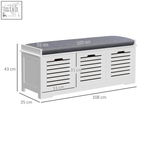 White wooden homcom shoe storage bench with 3 slatted drawers and dark gray cushioned seat for hallway storage
