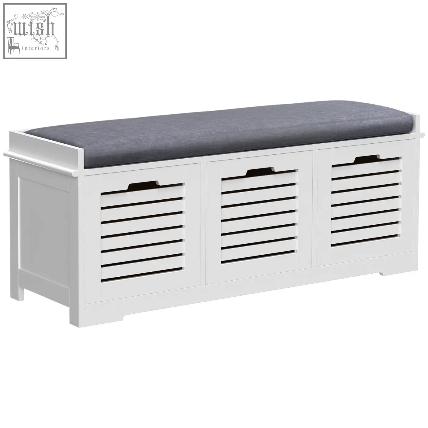 White wooden homcom shoe storage bench with gray cushioned seat and three slatted doors for hallway organization