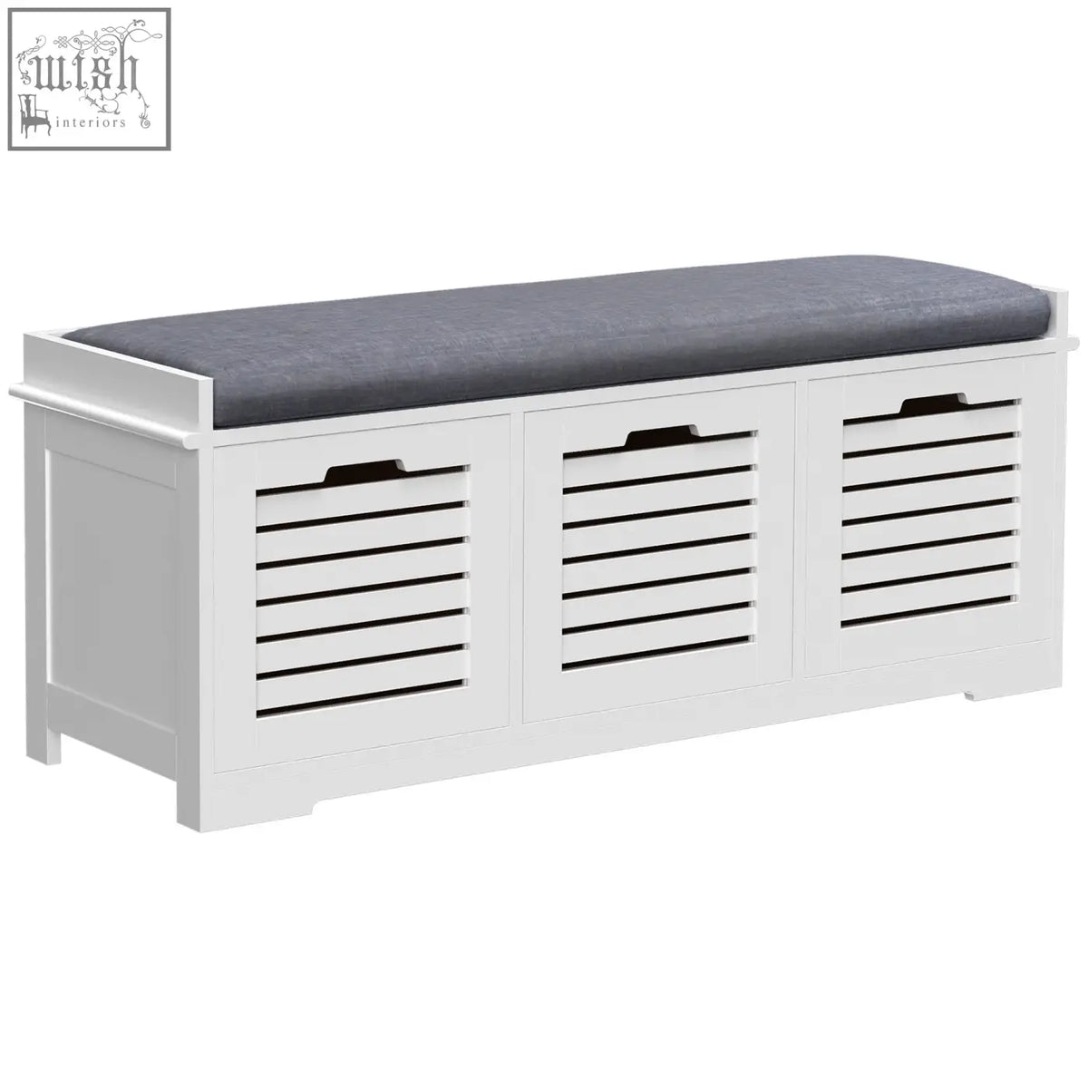 White wooden homcom shoe storage bench with gray cushioned seat and three slatted doors for hallway organization
