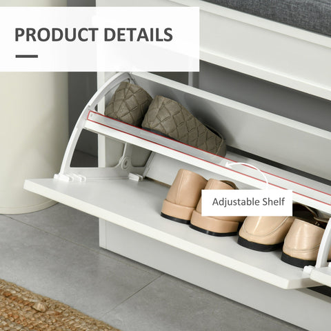 White metal shoe storage bench with adjustable shelf and red trim made of particle board for entryway use