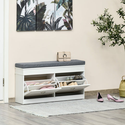 White particle board shoe storage bench with gray cushioned top and pull-out drawers for entryway and hallway use