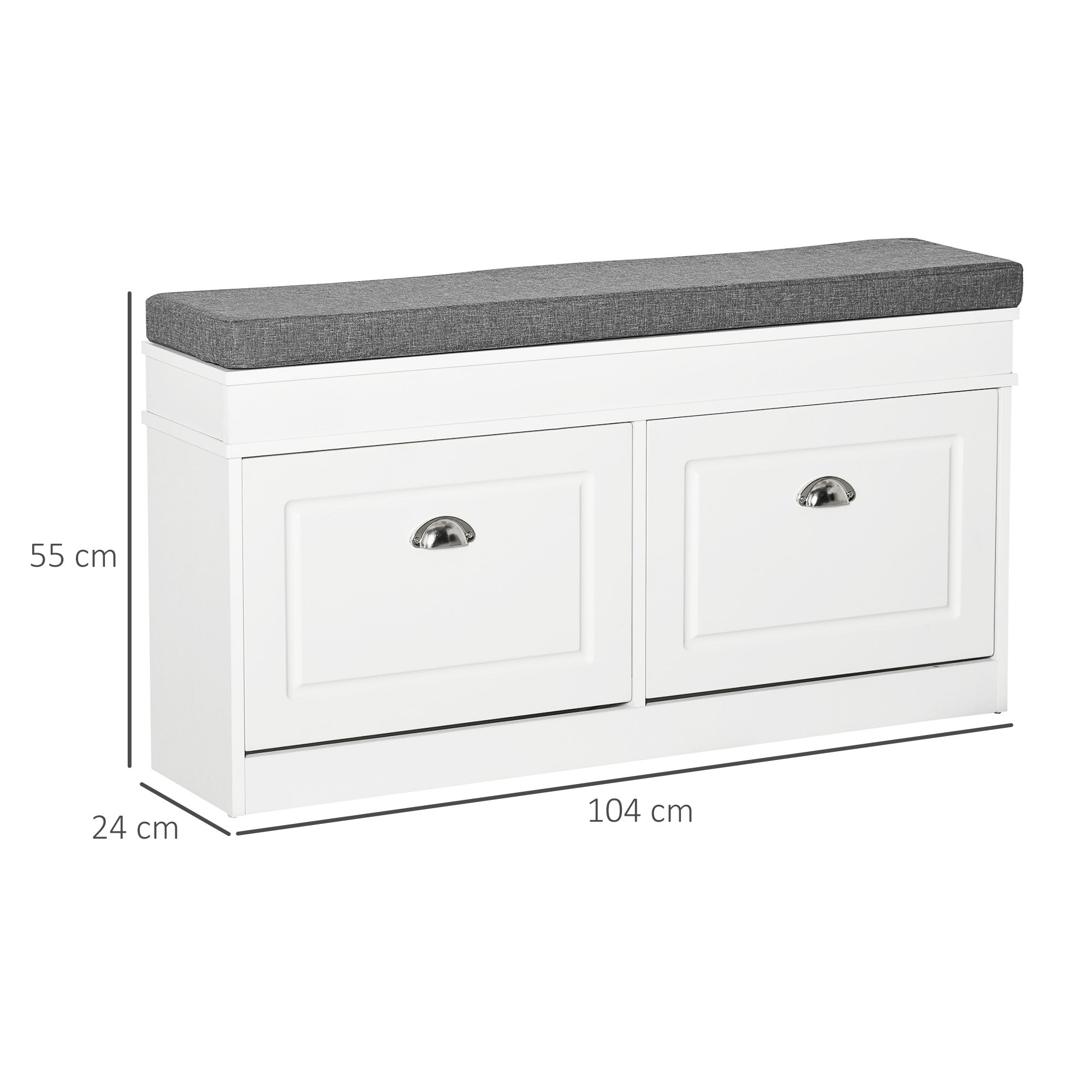 White particle board shoe storage bench with gray upholstered seat and two drawers for entryway or hallway use