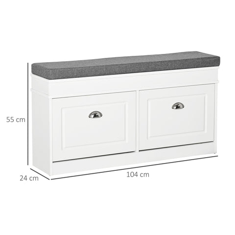 White particle board shoe storage bench with gray upholstered seat and two drawers for entryway or hallway use