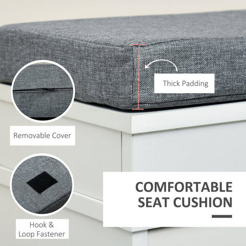Gray textured fabric seat cushion with thick padding and removable cover on white particle board shoe storage bench