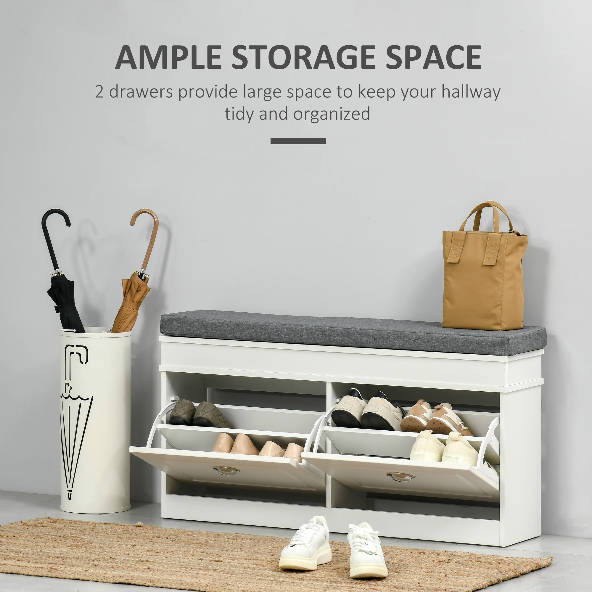 White particle board shoe storage bench with gray upholstered seat and two flip drawers for entryway or bedroom