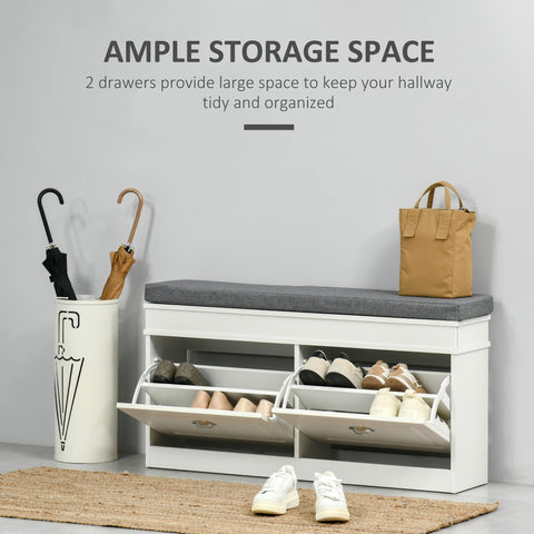 White particle board shoe storage bench with gray upholstered seat and two flip drawers for entryway or bedroom
