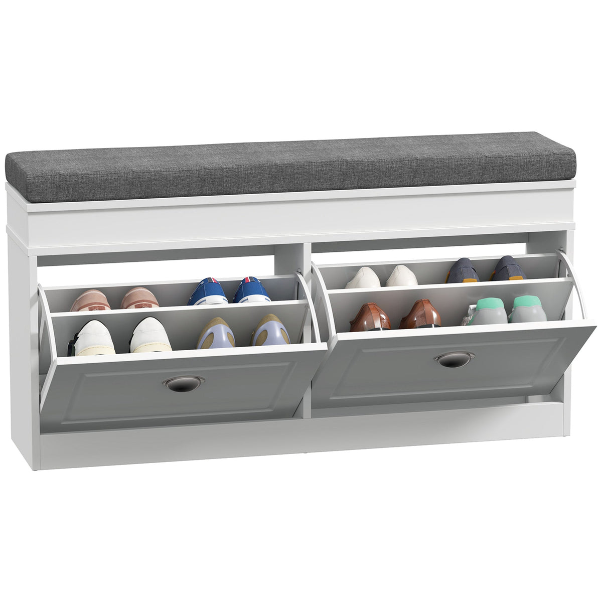 White particle board shoe storage bench with gray upholstered seat and two pull-out drawers for entryway shoe storage