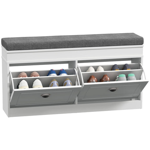 White particle board shoe storage bench with gray upholstered seat and two pull-out drawers for entryway shoe storage