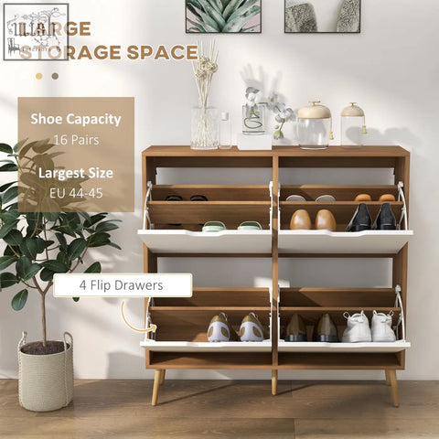 Modern homcom shoe storage wooden cabinet with white flip drawers and tapered legs fits 16 pairs eu 44-45 shoes