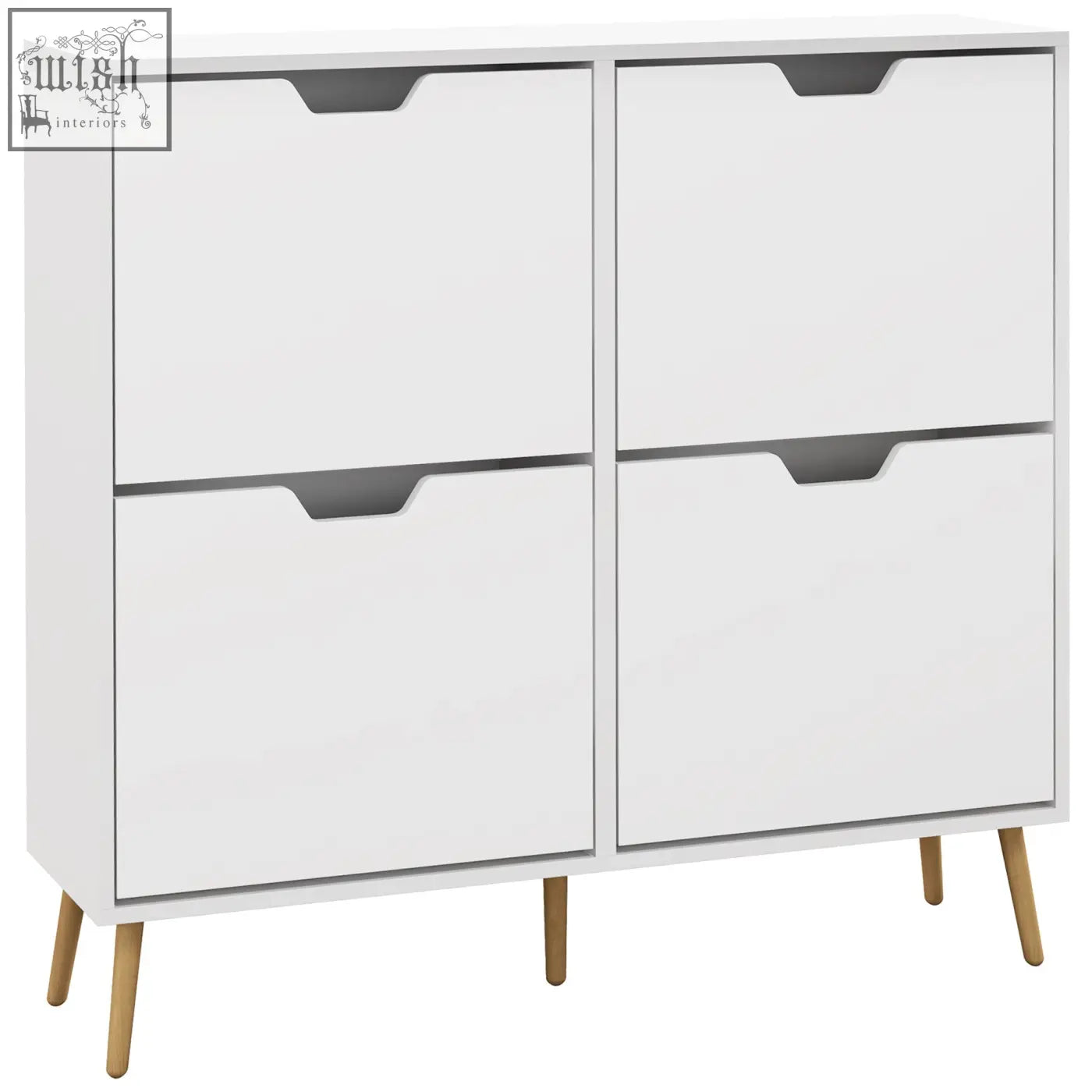 White homcom shoe storage cabinet with 4 flip drawers, gray handles, light wood legs for 16 pairs of shoes