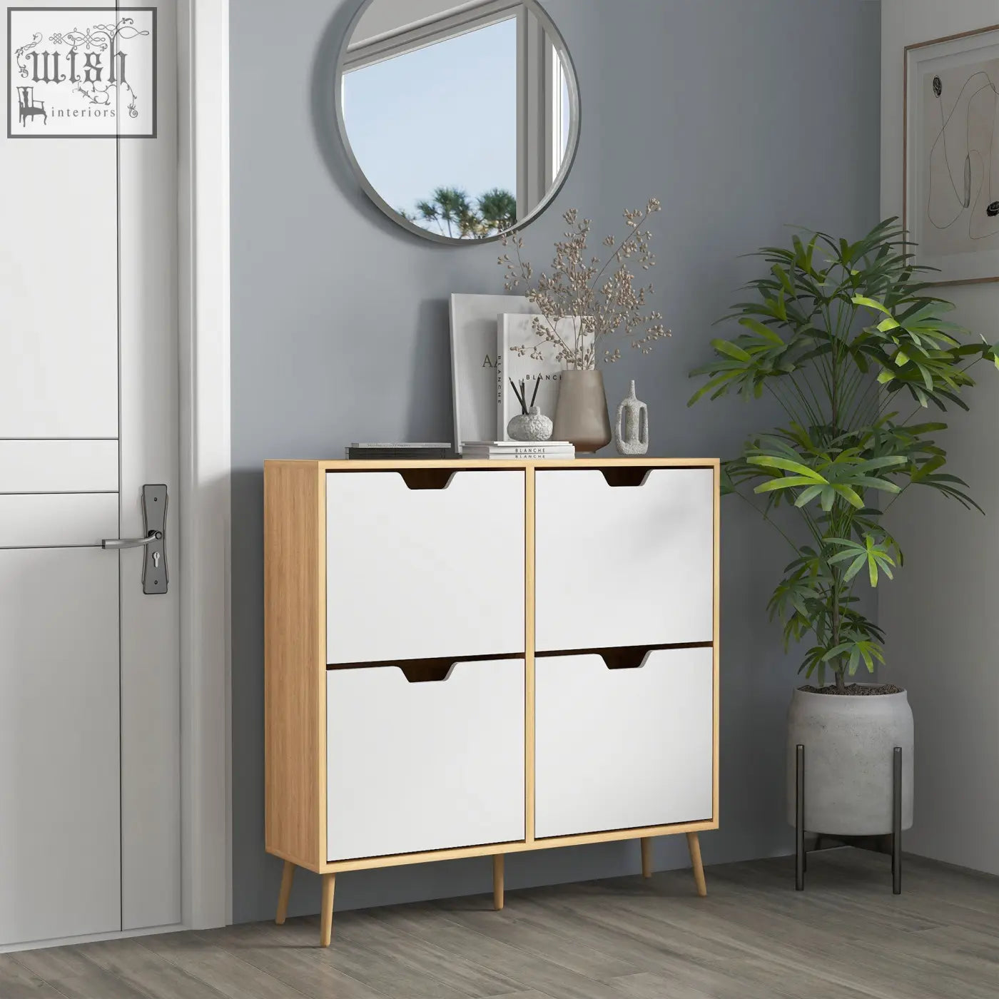 Modern white and natural wood homcom shoe storage cabinet with four flip drawers and tapered legs for 16 pairs of shoes
