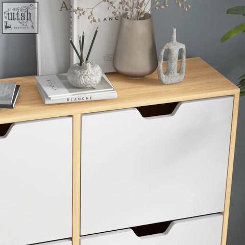 White wooden homcom shoe storage cabinet with three drawers and minimalist handles for organized shoe storage