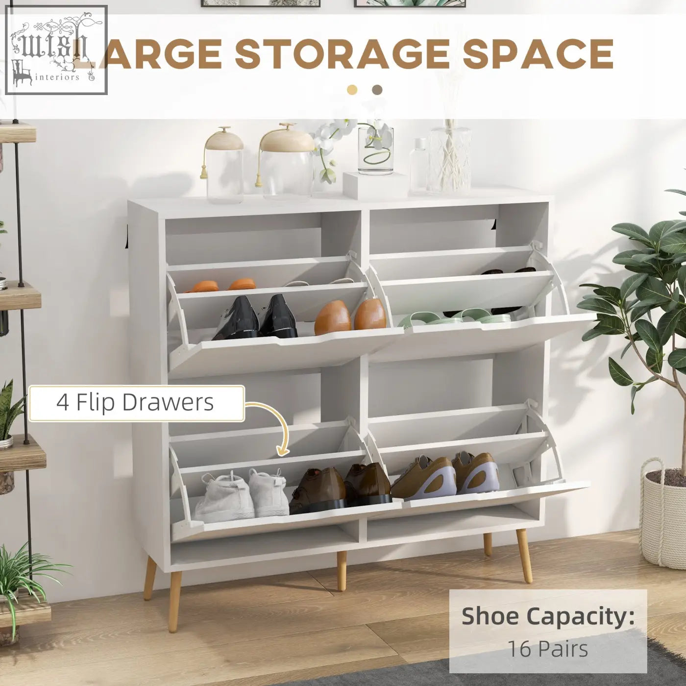 White homcom shoe storage cabinet with four flip drawers and wooden legs fits 16 pairs of shoes