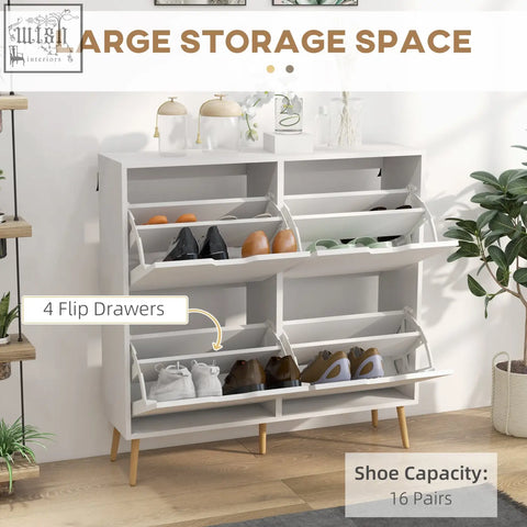 White homcom shoe storage cabinet with four flip drawers and wooden legs fits 16 pairs of shoes