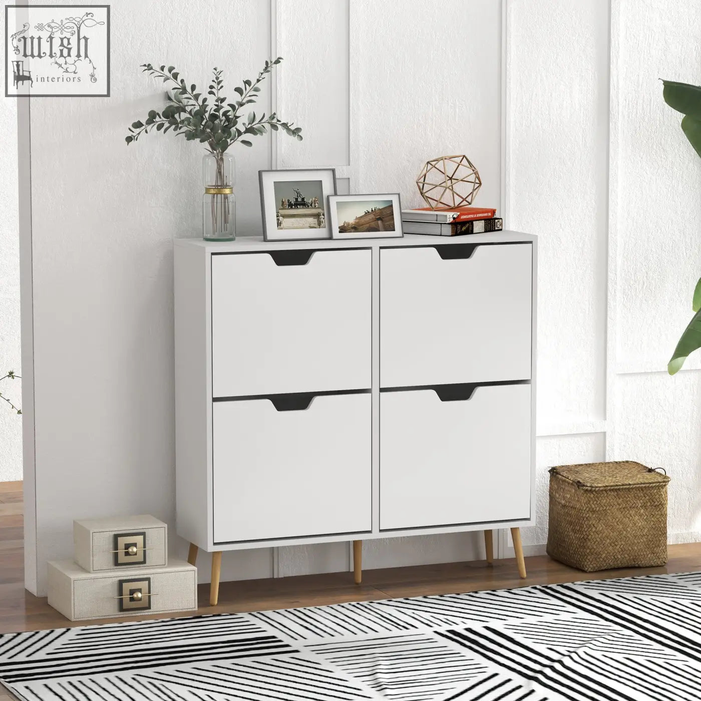 White homcom shoe storage cabinet with 4 flip drawers, black handles, and light wood legs for 16 pairs of shoes