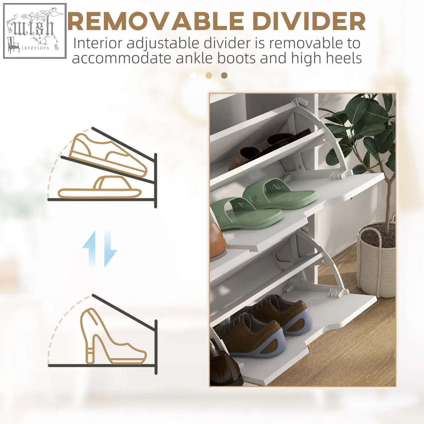 White homcom shoe storage cabinet with 4 flip drawers and removable divider for ankle boots and high heels