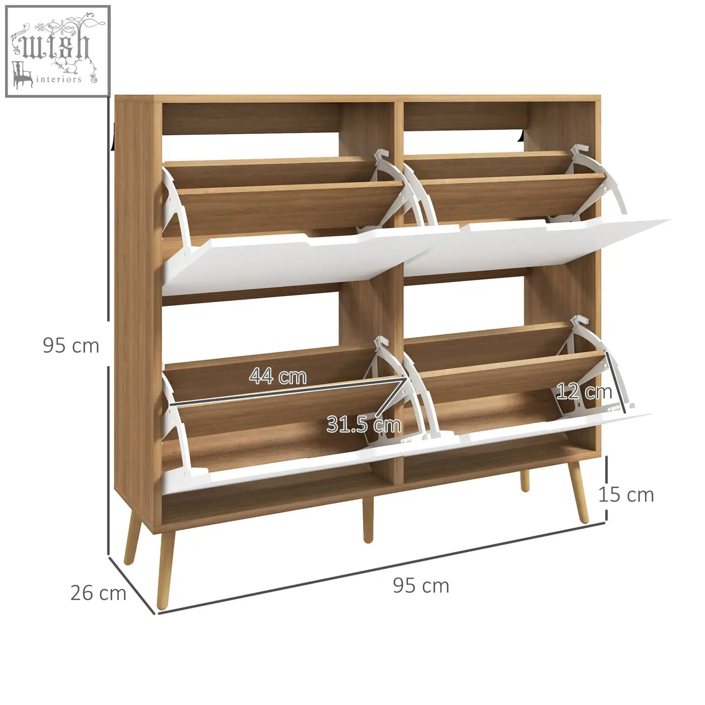 Modern wooden homcom shoe storage cabinet with natural finish white flip drawers and tapered legs for 16 pairs of shoes
