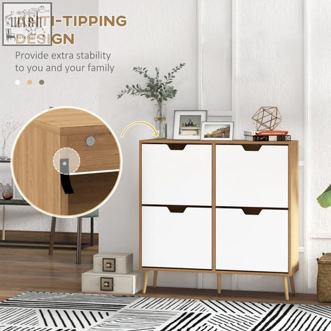 Modern white and light wood homcom shoe storage cabinet with 4 flip drawers for organizing up to 16 pairs of shoes