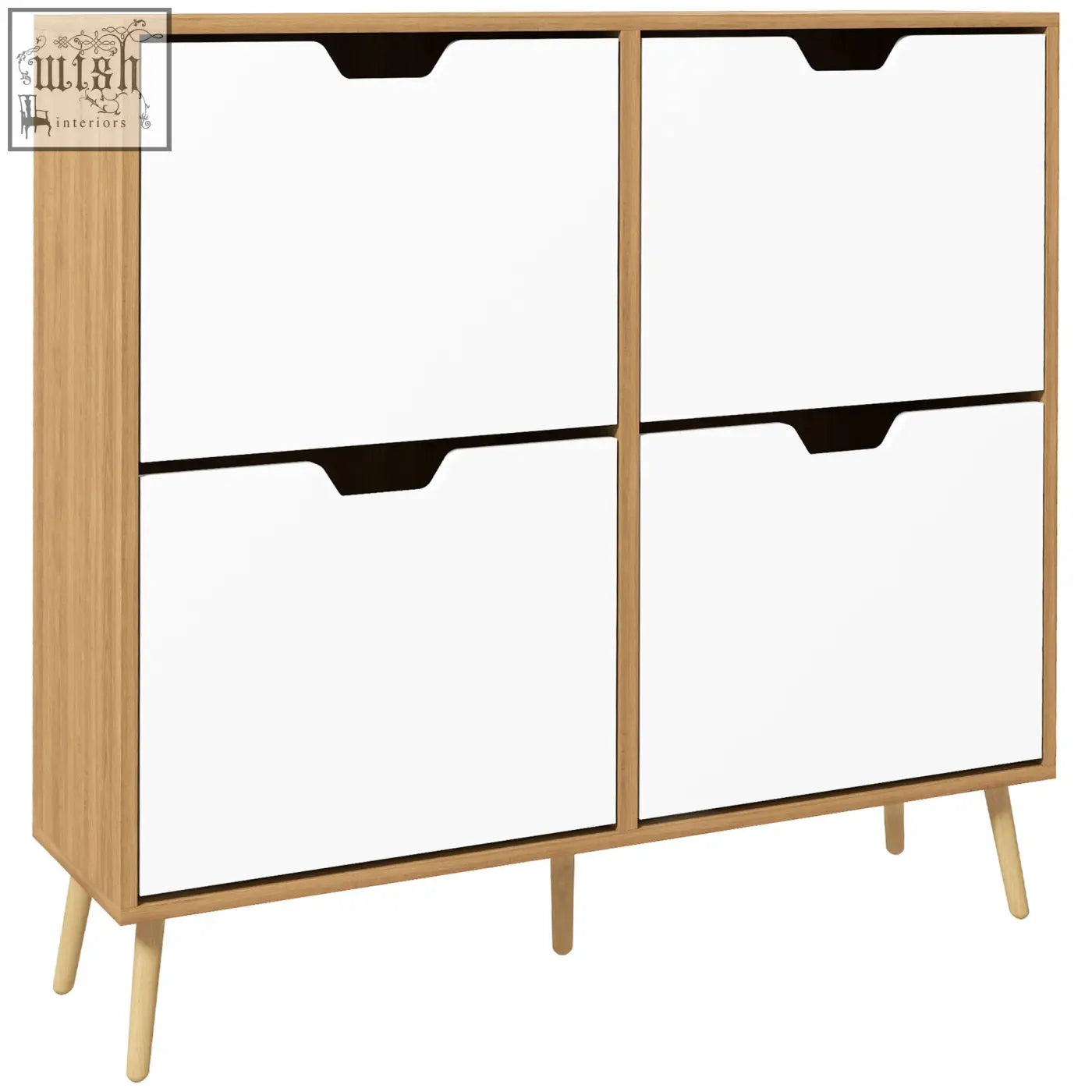 Modern wooden homcom shoe storage cabinet with four white flip drawers and black handles for organizing shoes