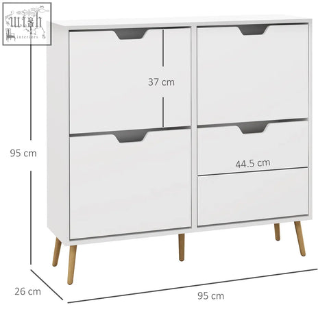 White homcom shoe storage cabinet with 4 flip drawers wooden legs and gray handles for organizing shoes