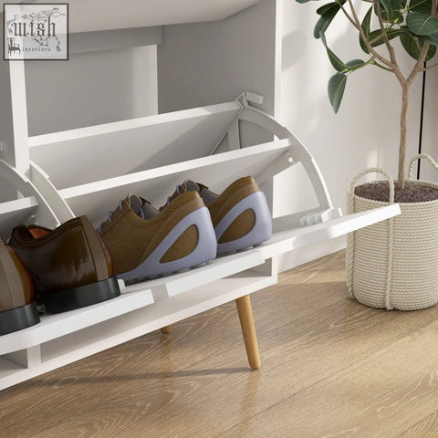 White homcom shoe storage cabinet with wooden legs and 4 flip drawers for organizing 16 pairs of shoes