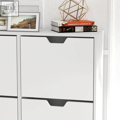 White homcom shoe storage cabinet with 4 flip drawers and sleek black handles for organizing 16 pairs of shoes